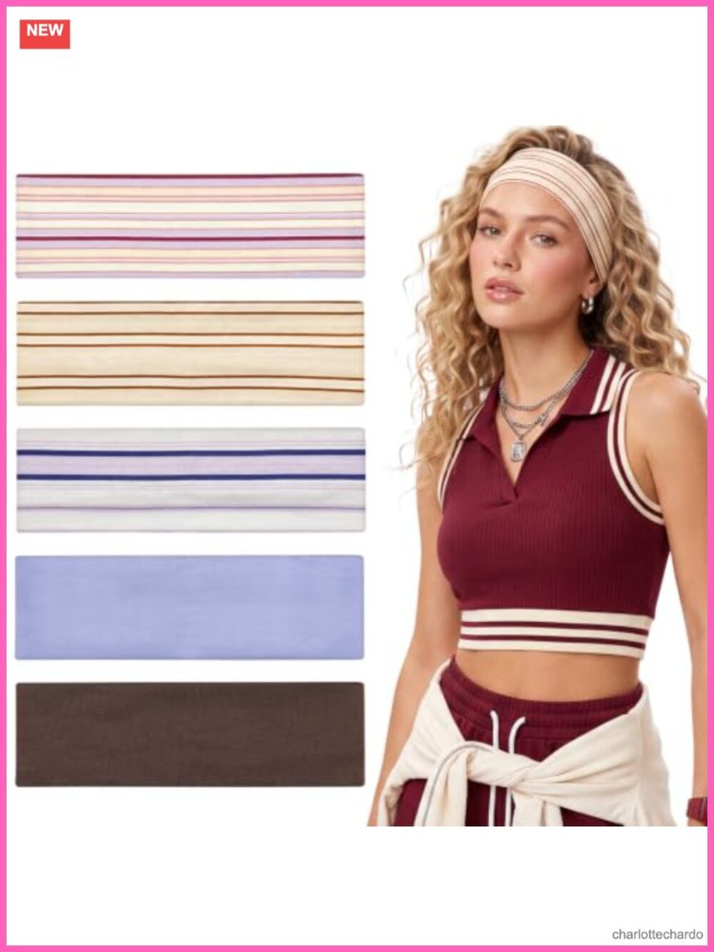 5 Pack Striped Sports Headbands Polyester Elastic Comfort Fit Workout